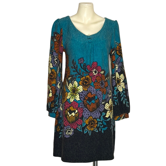 Aryeh Floral Teal and Black Sweater Dress Sz Large - Picture 1 of 12